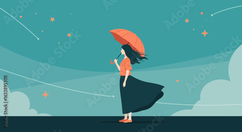 Girl With Umbrella Standing Under Starry Sky On Windy Night Illustration