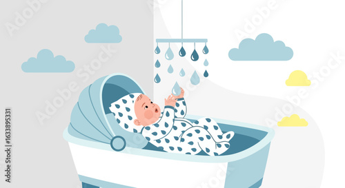 Innocent Baby Fascinated by Mobile Toy Lying in Bassinet Underneath Sky Clouds