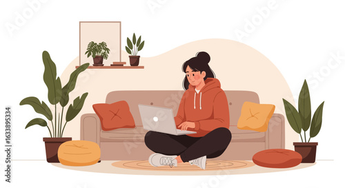 Girl Working On Laptop Sitting Cross Legged In Living Room With Plants Illustration