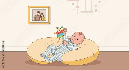 Innocent Baby Playing With Toy Lying On Baby Lounger At Home