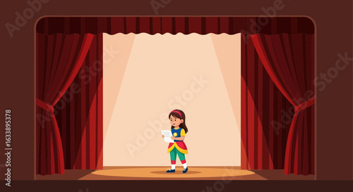 Girl's Theater Dream A Child Actress Standing on Stage with Red Curtains