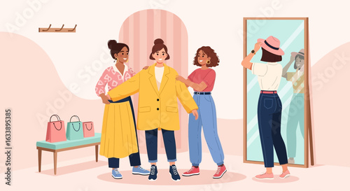 Girls Shopping And Trying On Clothes With Friends In A Boutique Store