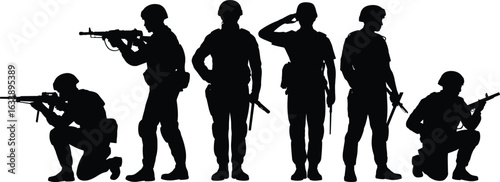 Military silhouettes, soldier poses, tactical formation, armed forces, combat readiness, defense training, army personnel, warfare stance, security, teamwork
