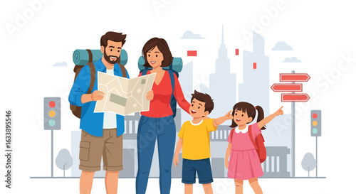 Happy Family Exploring City Together Vacation Adventure Vector Illustration
