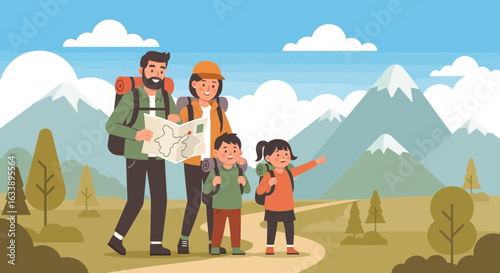 Happy Family Exploring Nature Together During Weekend Vacation Trip Hiking