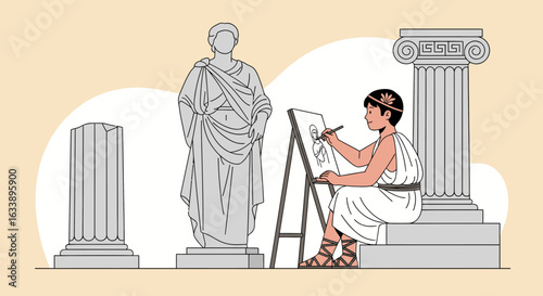 Inspired Artist Drawing Sculpture In Studio Environment With Classical Elements