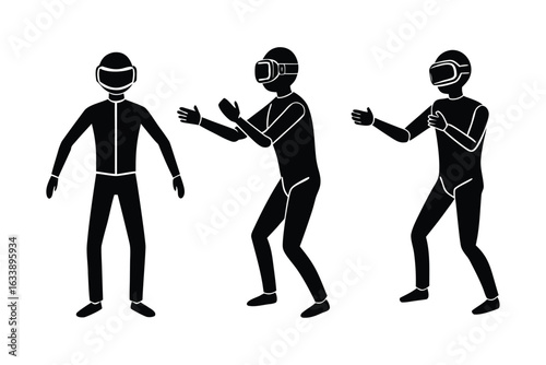 Three figures in black and white one standing and two interacting with virtual reality headsets