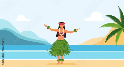 Graceful Hula Dancer Performing on Tropical Beach with Flowing Skirt