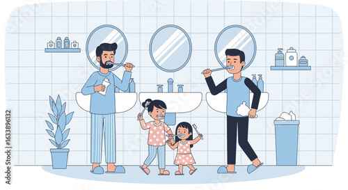 Happy Family Morning Routine With Father And Daughters Brushing Their Teeth