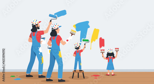 Happy Family Painting Together Colorful Strokes On Wall In New Home