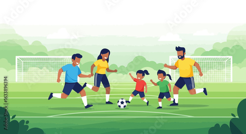 Happy Family Playing Soccer Together On A Sunny Day On A Green Field