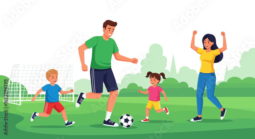 Happy Family Playing Soccer Together Outdoors Enjoying Quality Time On The Weekend