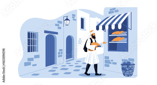Greek Baker Presenting Fresh Bread at Local Traditional Village Shop