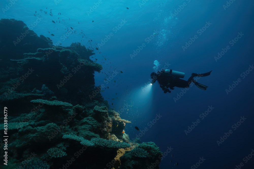 Fototapeta premium Scuba diver explores a coral reef with a torch in the deep ocean