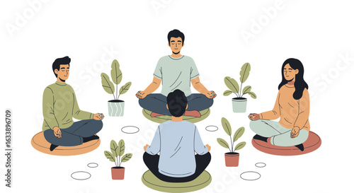 Group Harmony And Wellness People Practicing Meditation Surrounded By Plants