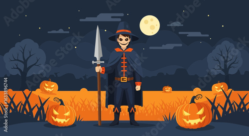 Grim Warden Watches Over Carved Pumpkins On A Moonlit Halloween Night