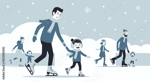 Happy Family Spend Winter Time Ice Skating Together In Snowy Weather