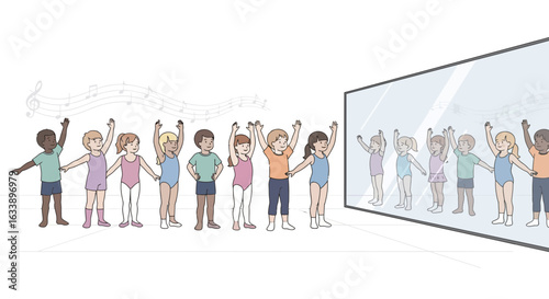Group Of Children Practice Dance Moves In Front Of A Mirror In A Studio
