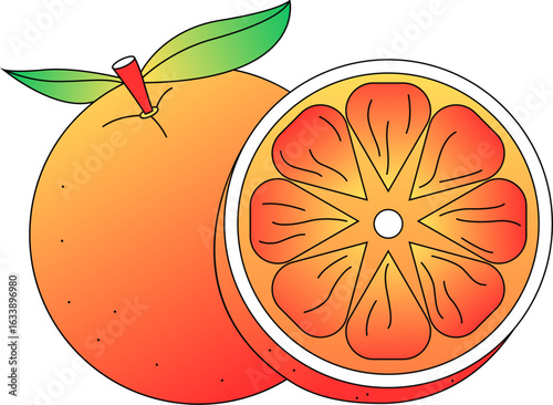 vector illustration of an orange fruit with leaves. Full Orange with a slice 