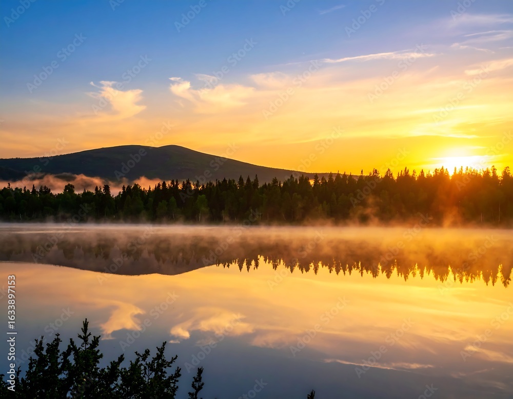 Fototapeta premium Sunrise over a serene lake, mountains, and forest