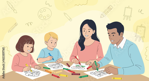 Happy Family Time Painting Together Illustration Perfect for Children Activities