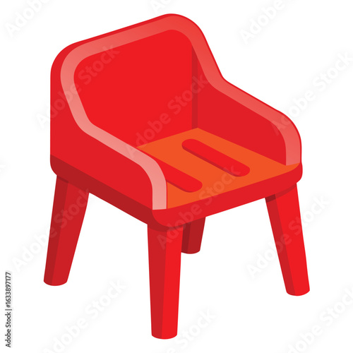 A small red plastic chair, a miniature version suitable for a child's playroom, representing childhood and furniture.