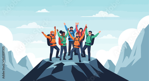 Group Of Friends Celebrating Achieving Goal Reaching Mountain Peak Together
