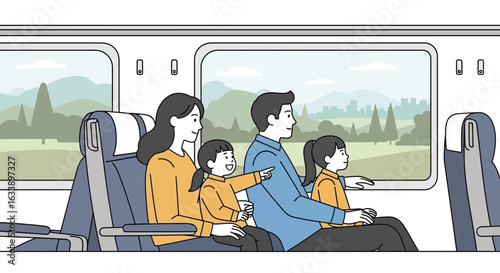Happy Family Travels By Train Enjoying The Scenery Outside The Window