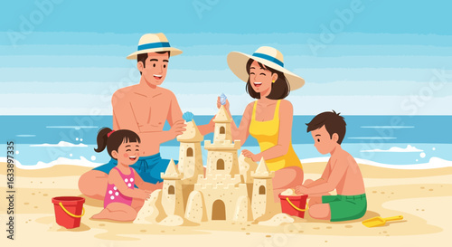 Happy Family Vacation On Beach Building Sandcastle Summer Holiday Fun