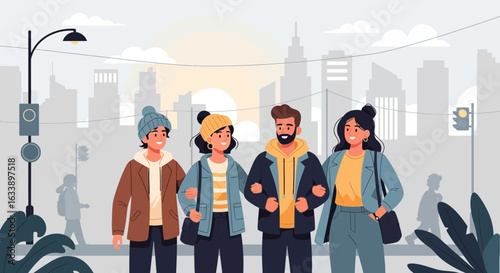 Group Of Friends Enjoying A Casual Stroll In The City During Daytime