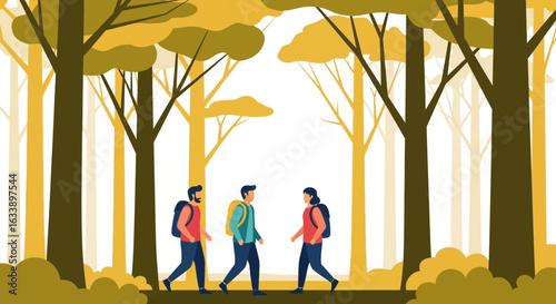 Group Of Friends Enjoying A Peaceful Hike Through An Autumnal Woodland