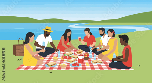 Group Of Friends Enjoying An Outdoor Picnic In A Scenic Landscape