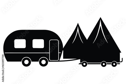 Camping trailer and tents silhouette icon for outdoor adventure
