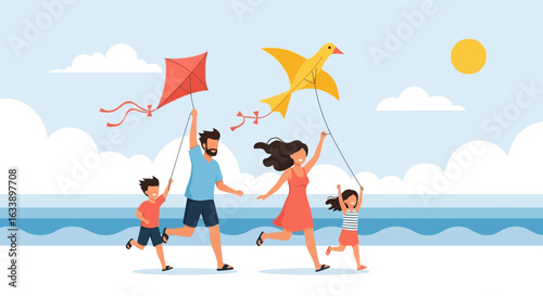 Happy Family With Kites Having Fun On The Beach Summer Vacation Concept