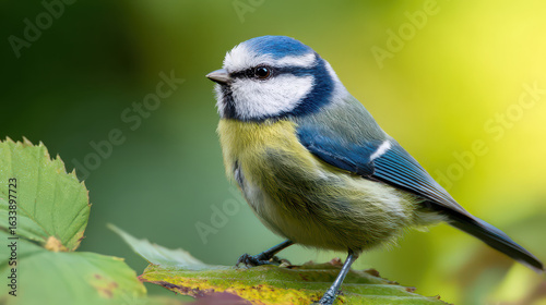 Blaumeise auf Blatt Makrofotografie