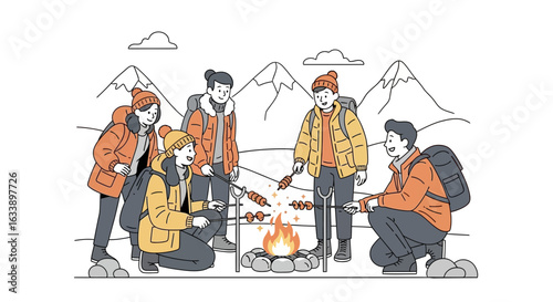 Group Of Friends Gathered Around Campfire Enjoying The Wilderness And Outdoor Activities