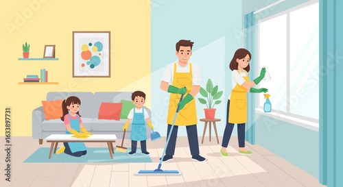 Happy Family Working Together Cleaning The House During The Weekend