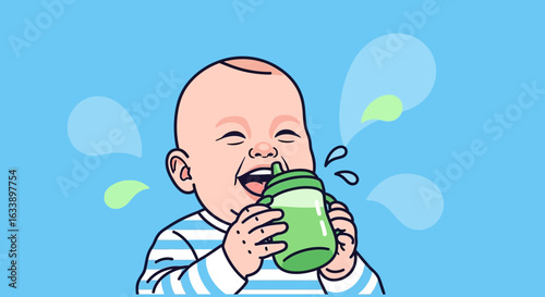 Joyful Baby Hydrating With Sippy Cup On Blue Minimalist Background Illustration
