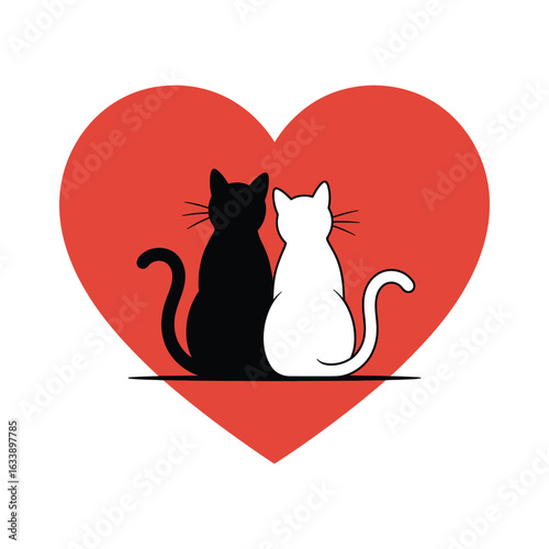Black and white cats sit in front of a red heart, symbolizing love and friendship.

