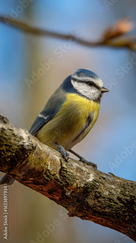 Blaumeise auf Baumzweig vor verschwommenem Hintergrund