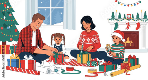 Happy Family Wrapping Christmas Gifts Together In Cosy Festive Home Setting
