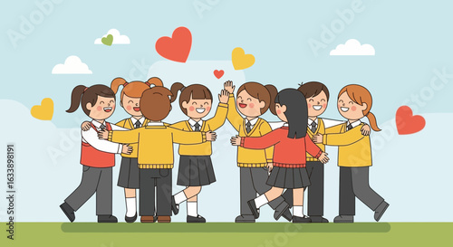 Group Of Students Celebrating Friendship And Unity With Affectionate Hugs