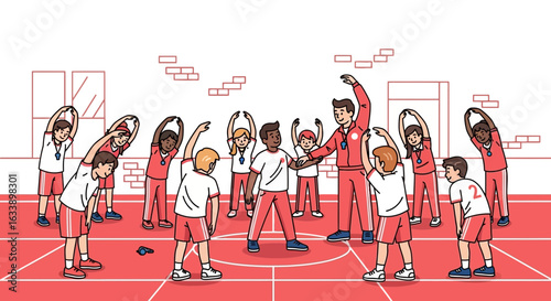 Group Of Young Students Engaged In Physical Education With Their Instructor