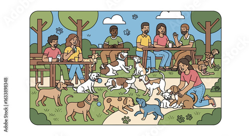 Happy Gathering At Dog Friendly Cafe, People Drinking Coffee With Their Beloved Pets