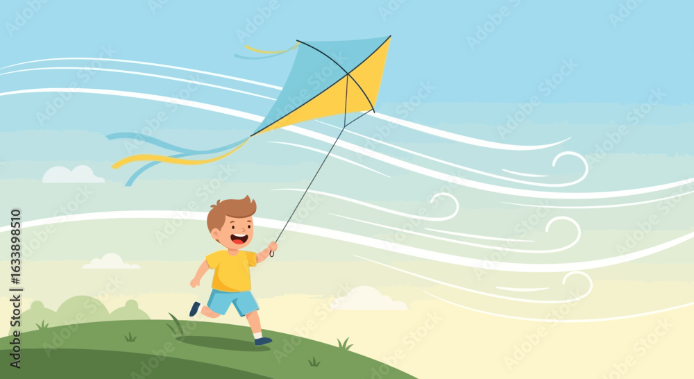Fototapeta premium Joyful Boy Running With Kite Against A Windy Sky On A Sunny Day