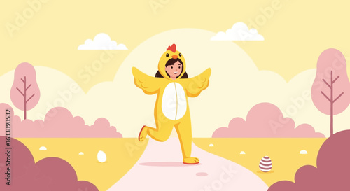 Happy Girl Running In Chicken Costume On Easter Day Landscape Cartoon