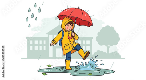 Joyful Boy Splashing in Puddle with Umbrella on a Rainy Day At School