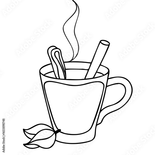 Hot cider with cinnamon sticks in outline drawing showcases a warm beverage, with steaming mug and aromatic spices. Enjoy hot cider with cinnamon, a comforting drink with spice, tea, and leaves.