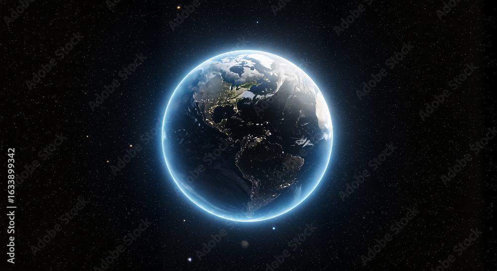 Fototapeta premium Glowing earth is displayed with stunning clarity against black backdrop. Glowing earth showcases continents, oceans, and atmospheric glow.