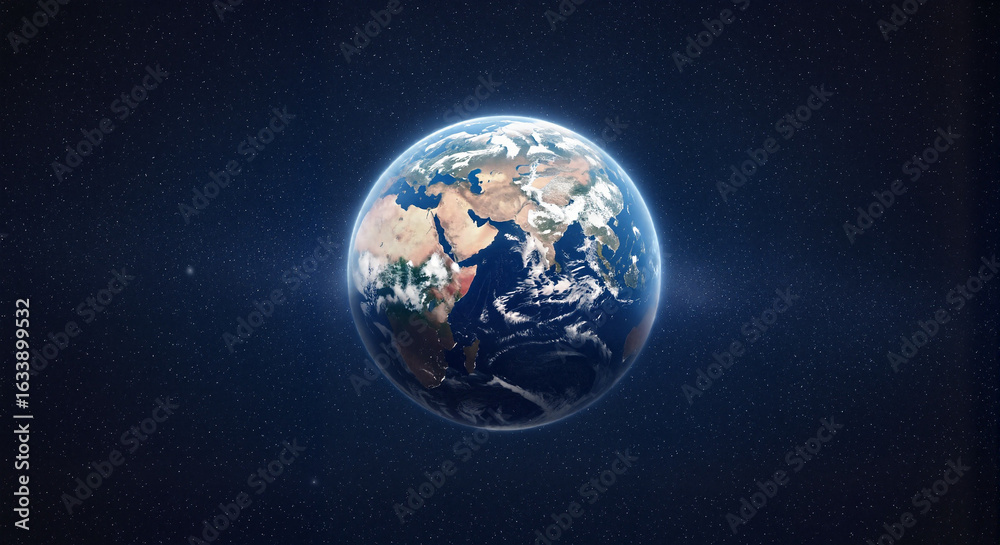 Fototapeta premium Earth from space shows continents and oceans, gleaming in cosmic darkness. Earth is a vibrant sphere in infinite space, with visible geological features and swirling cloud formations